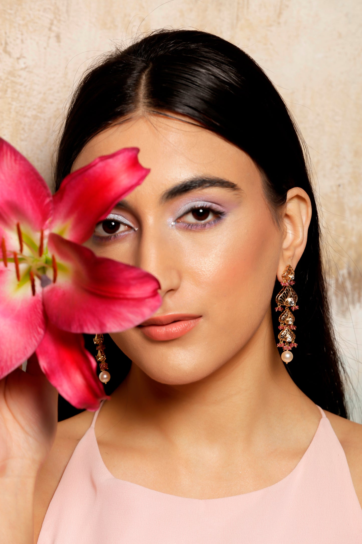 Brilliant Pink 925 Polki Long Earring